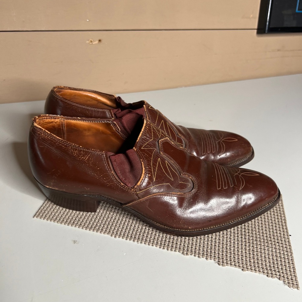 Vintage Justin Brown Leather Western Loafers Mens 11 D Pointed Toe Cowboy Shoes